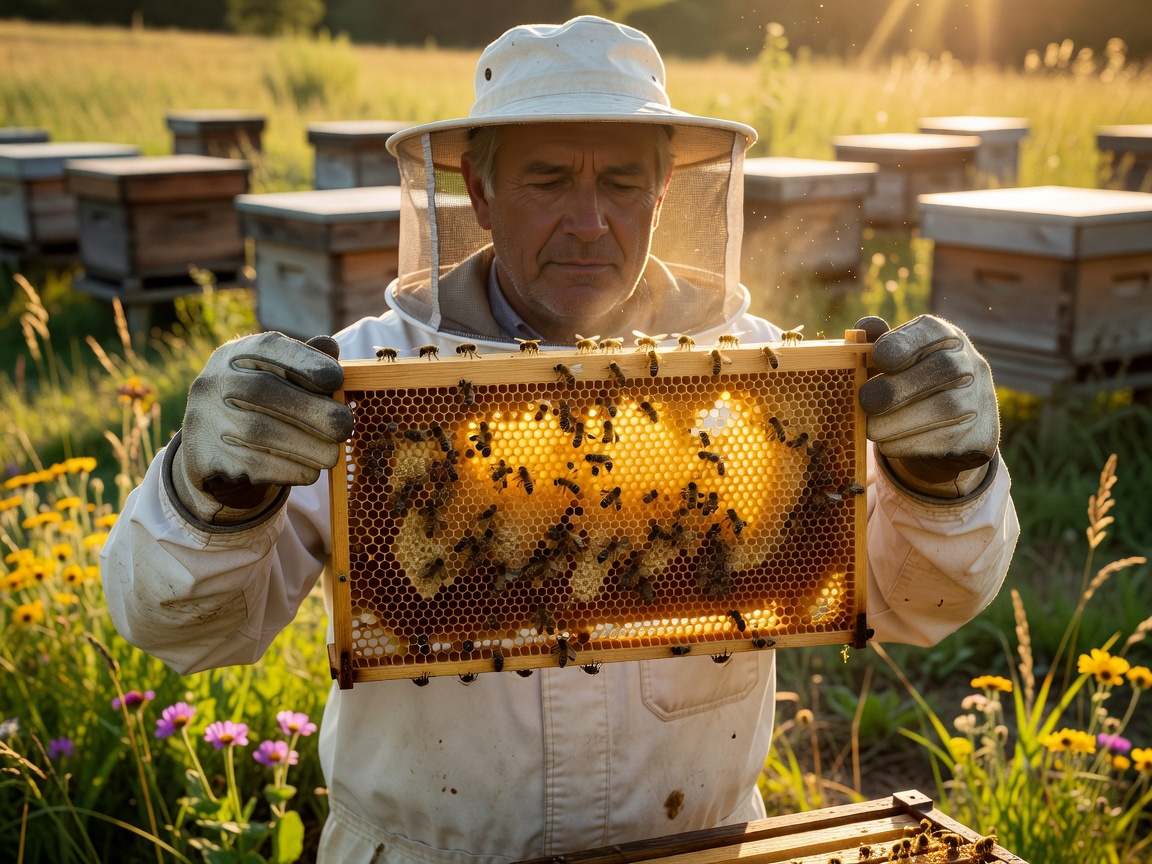 A beekeeper holding up a frame of brood against the sunlight