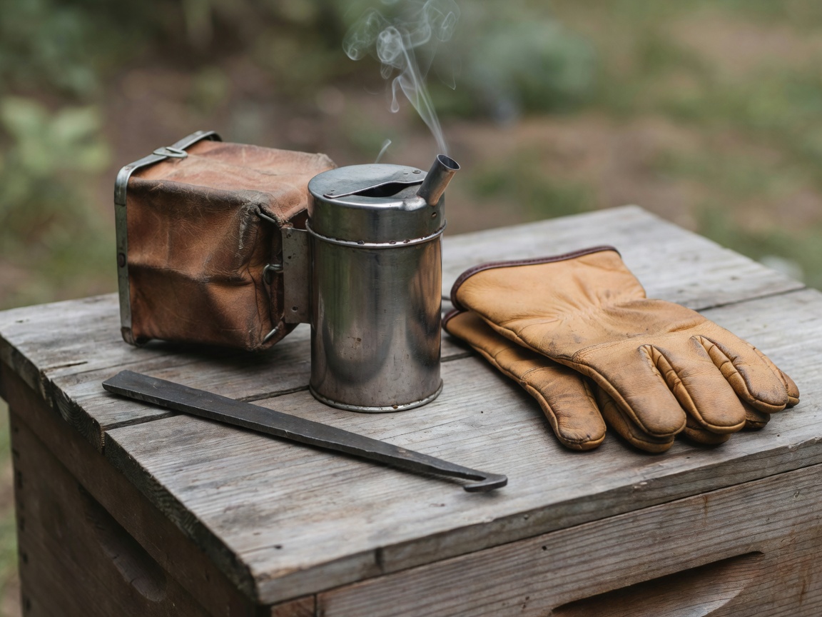A metal smoker, a hive tool, and protective leather gloves resting on wood