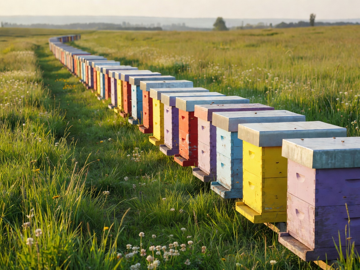 A row of painted wooden Langstroth hives in a green field