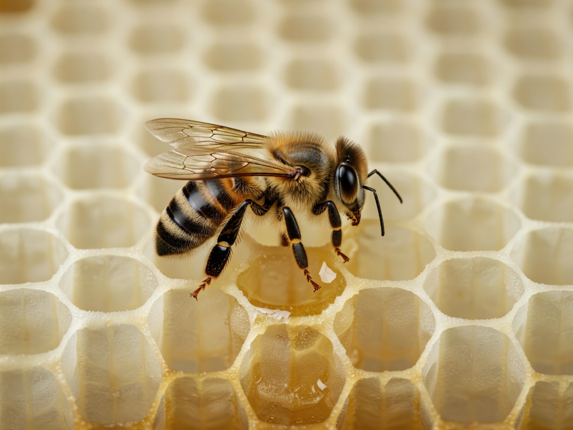 Close up macro shot of a honey bee worker on a honeycomb cell