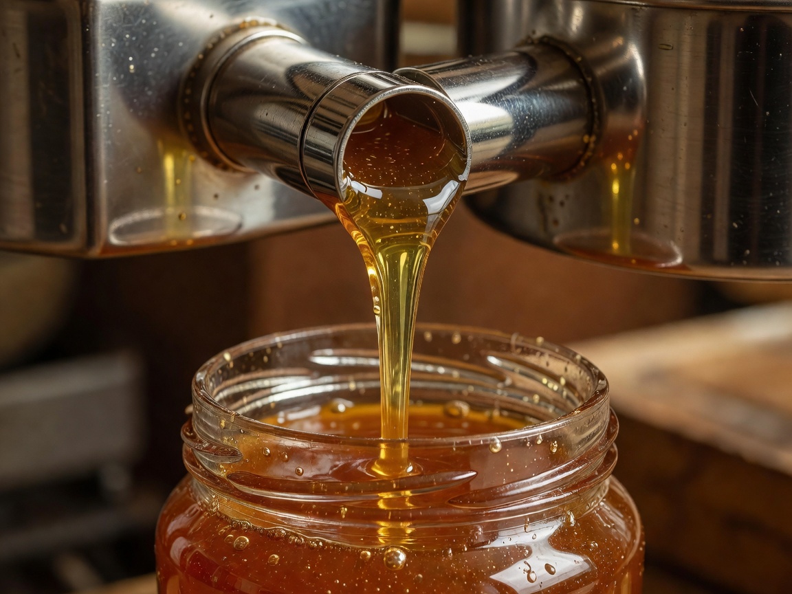 Golden raw honey pouring from a stainless steel extractor valve into a glass jar
