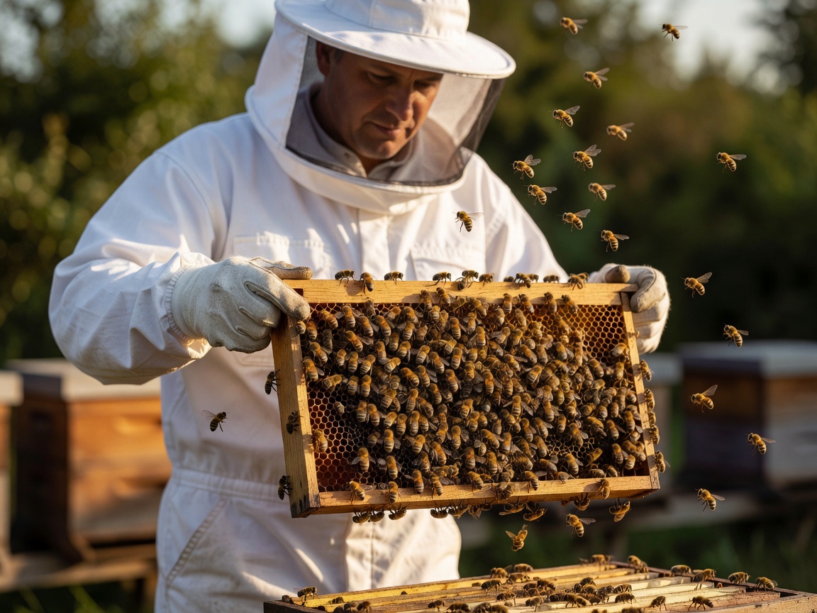 Person in a white protective suit inspecting a wooden frame covered in bees